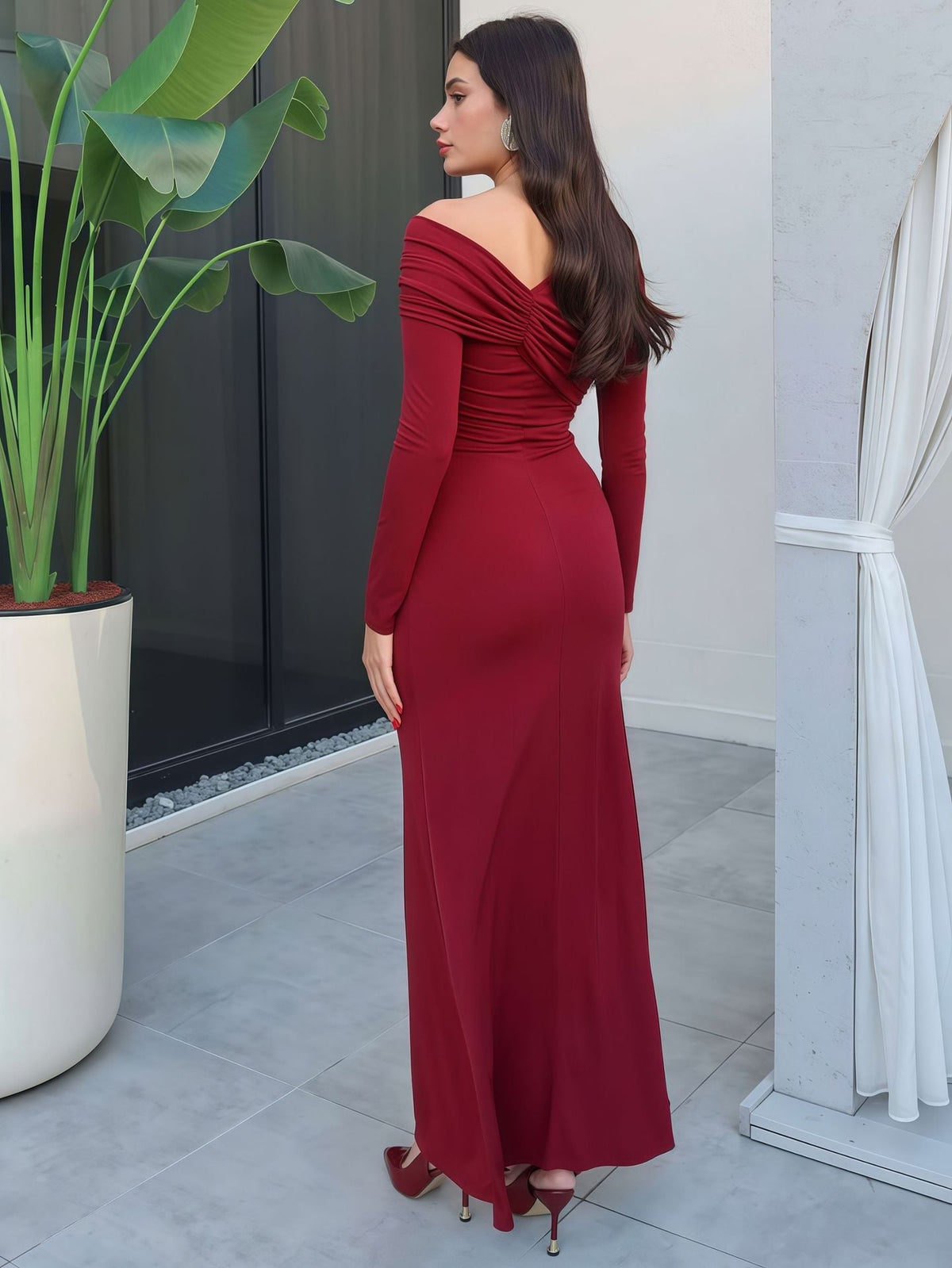 Robe Longue Élégante Épaule Dénudée Coupe Ajustée pour Femme