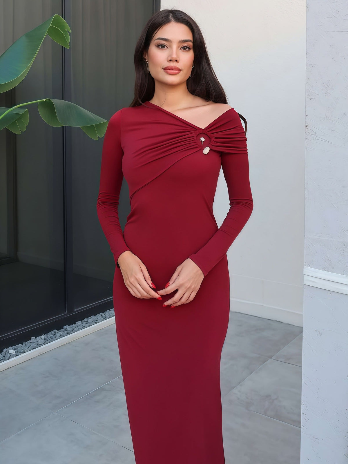 Robe Longue Élégante Épaule Dénudée Coupe Ajustée pour Femme