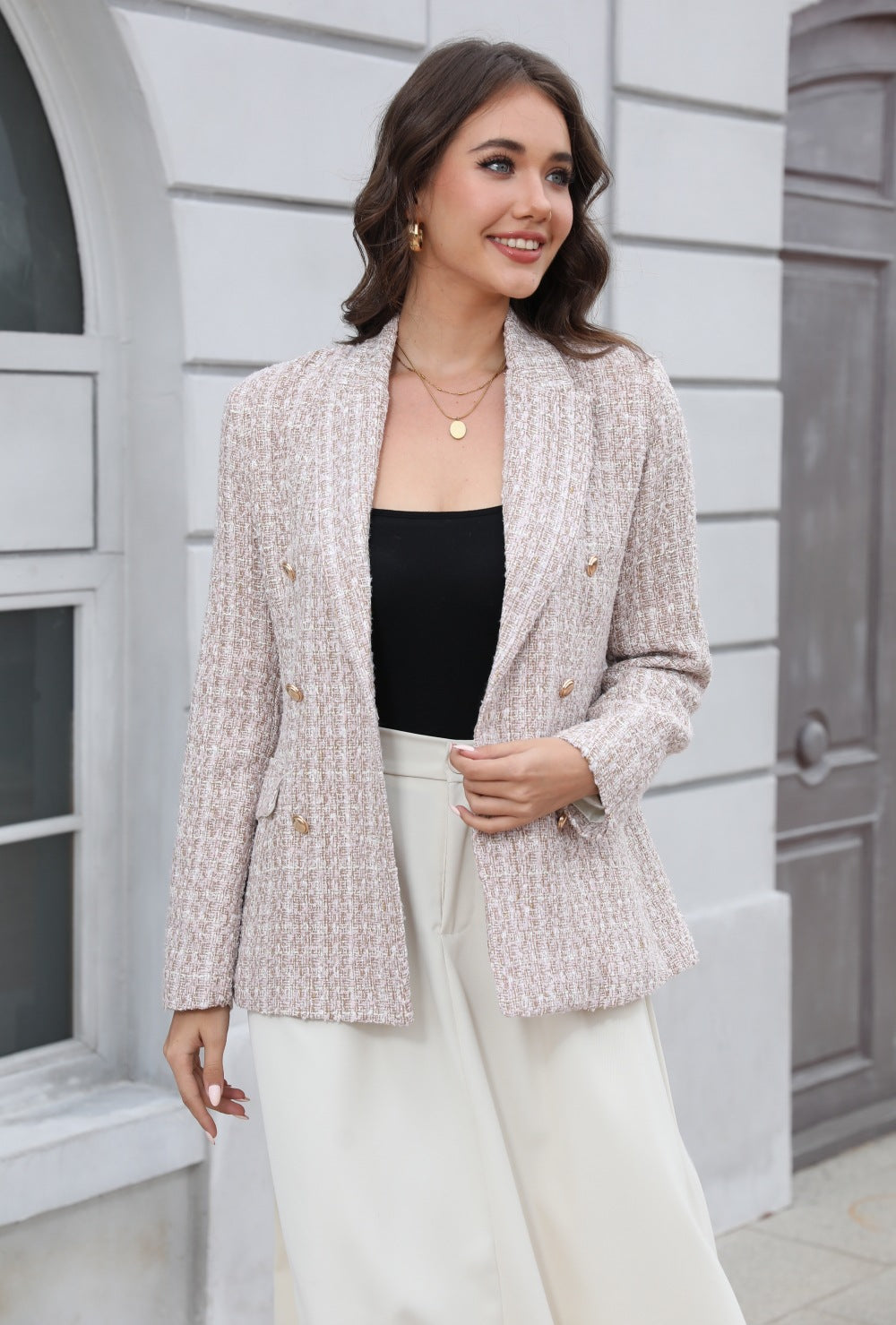 "Blazer Tweed Vintage à Manches Longues pour Femme"