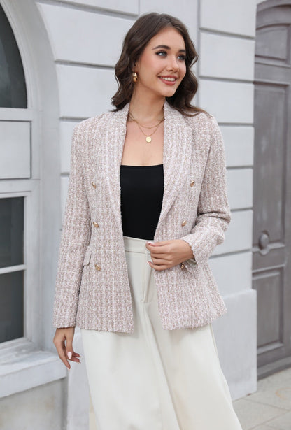 "Blazer Tweed Vintage à Manches Longues pour Femme"