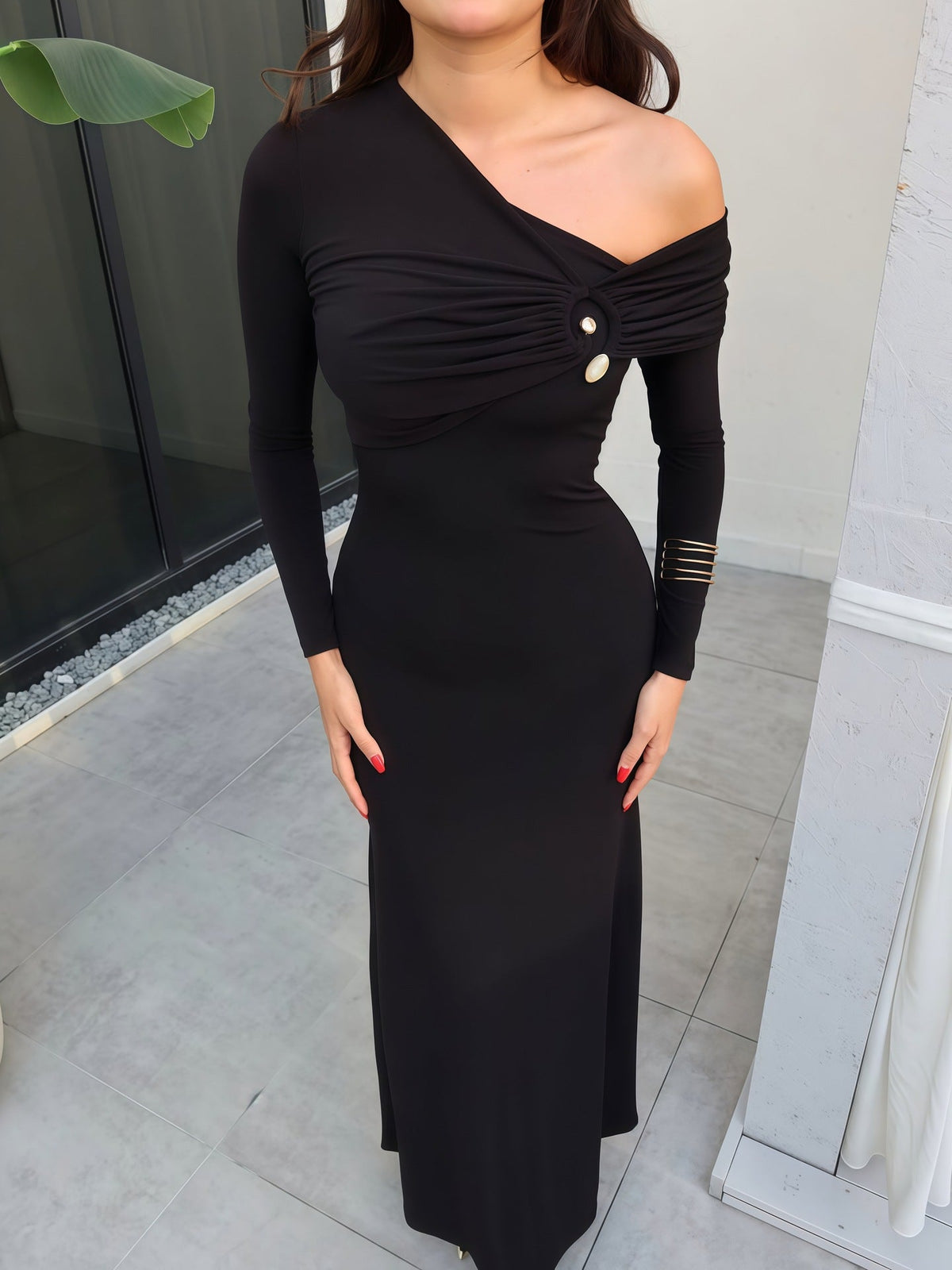 Robe Longue Élégante Épaule Dénudée Coupe Ajustée pour Femme