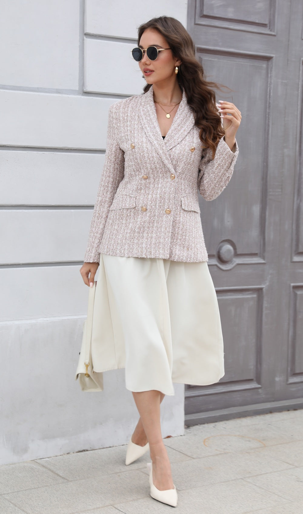 "Blazer Tweed Vintage à Manches Longues pour Femme"