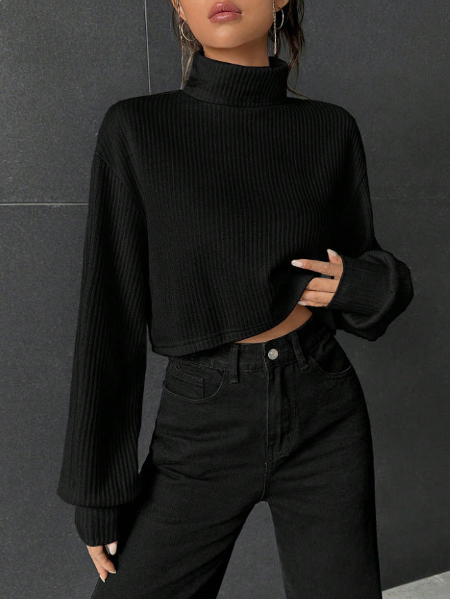 "Pull Col Montant Casual à Manches Longues Uni"