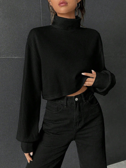 "Pull Col Montant Casual à Manches Longues Uni"