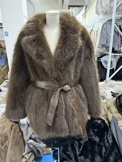 "Manteau Mi-Long en Laine Synthétique avec Ceinture"