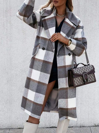 Manteau Mi-Long en Laine à Carreaux avec Ceinture