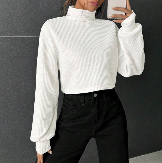 "Pull Col Montant Casual à Manches Longues Uni"