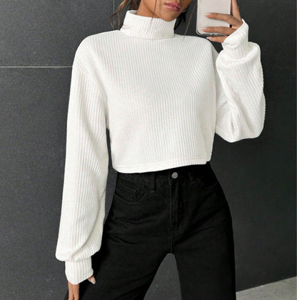 "Pull Col Montant Casual à Manches Longues Uni"