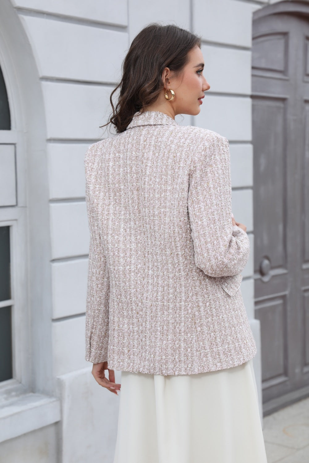 "Blazer Tweed Vintage à Manches Longues pour Femme"