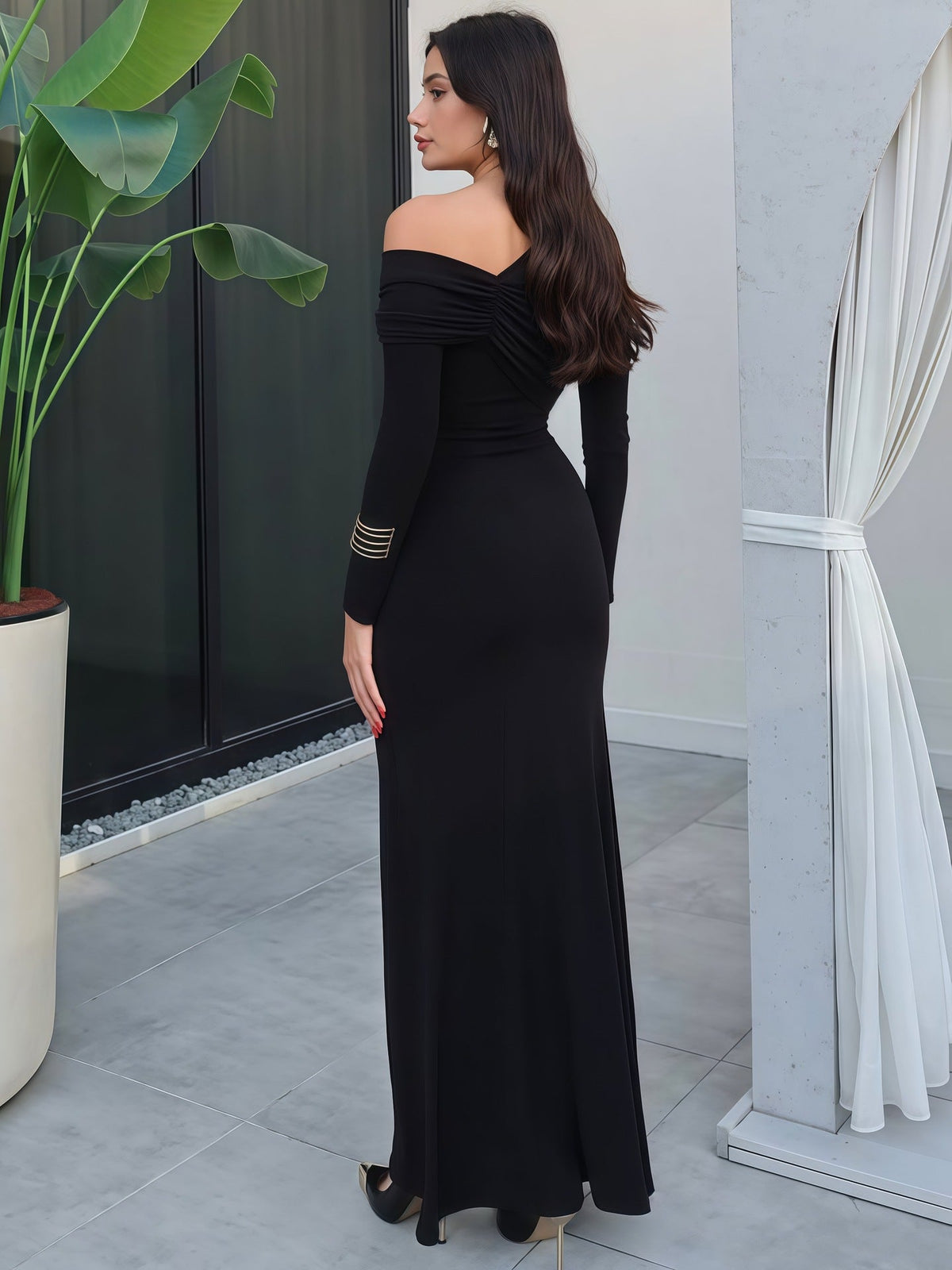 Robe Longue Élégante Épaule Dénudée Coupe Ajustée pour Femme