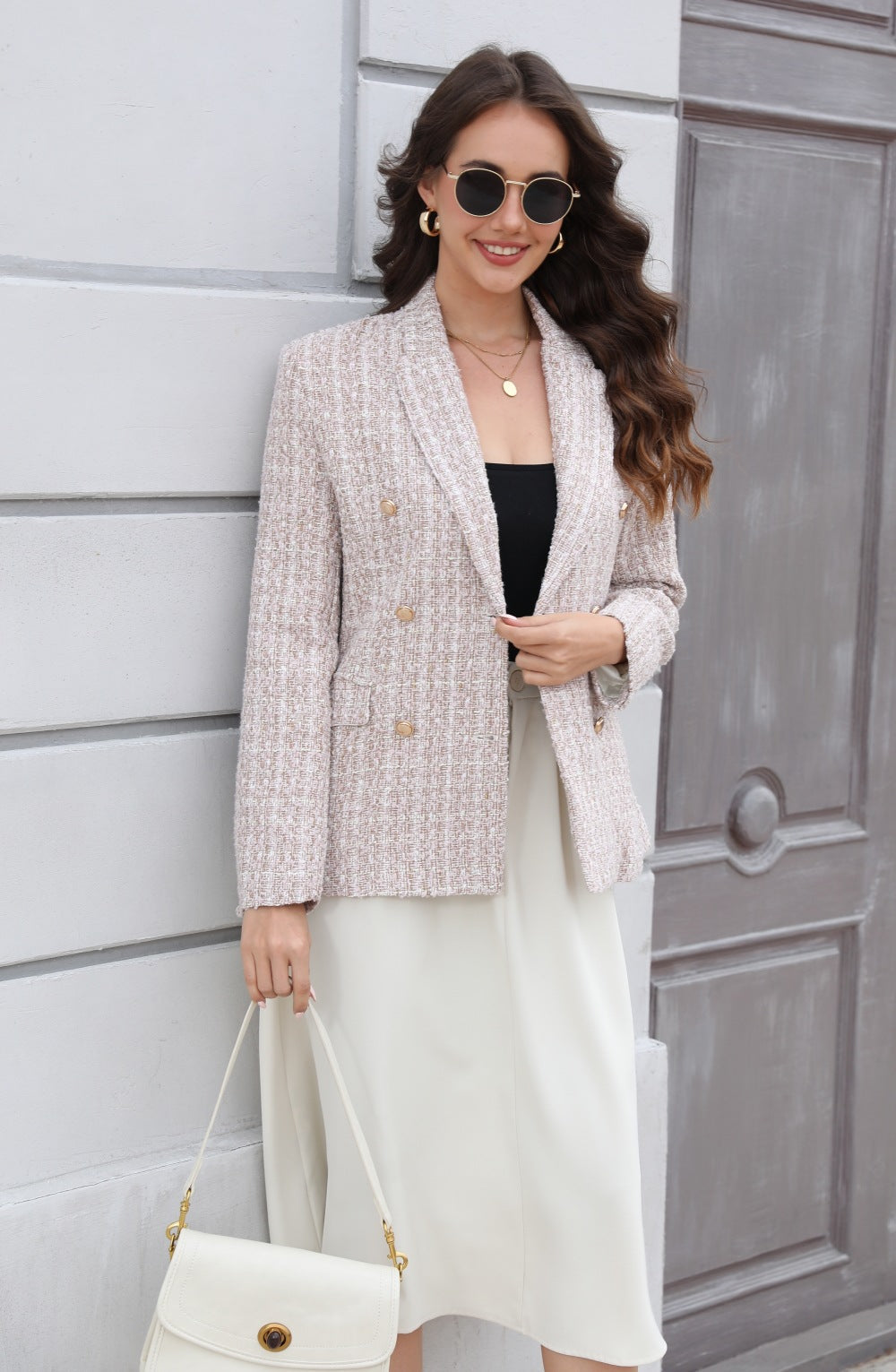 "Blazer Tweed Vintage à Manches Longues pour Femme"