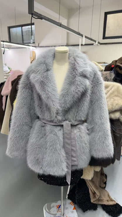 "Manteau Mi-Long en Laine Synthétique avec Ceinture"