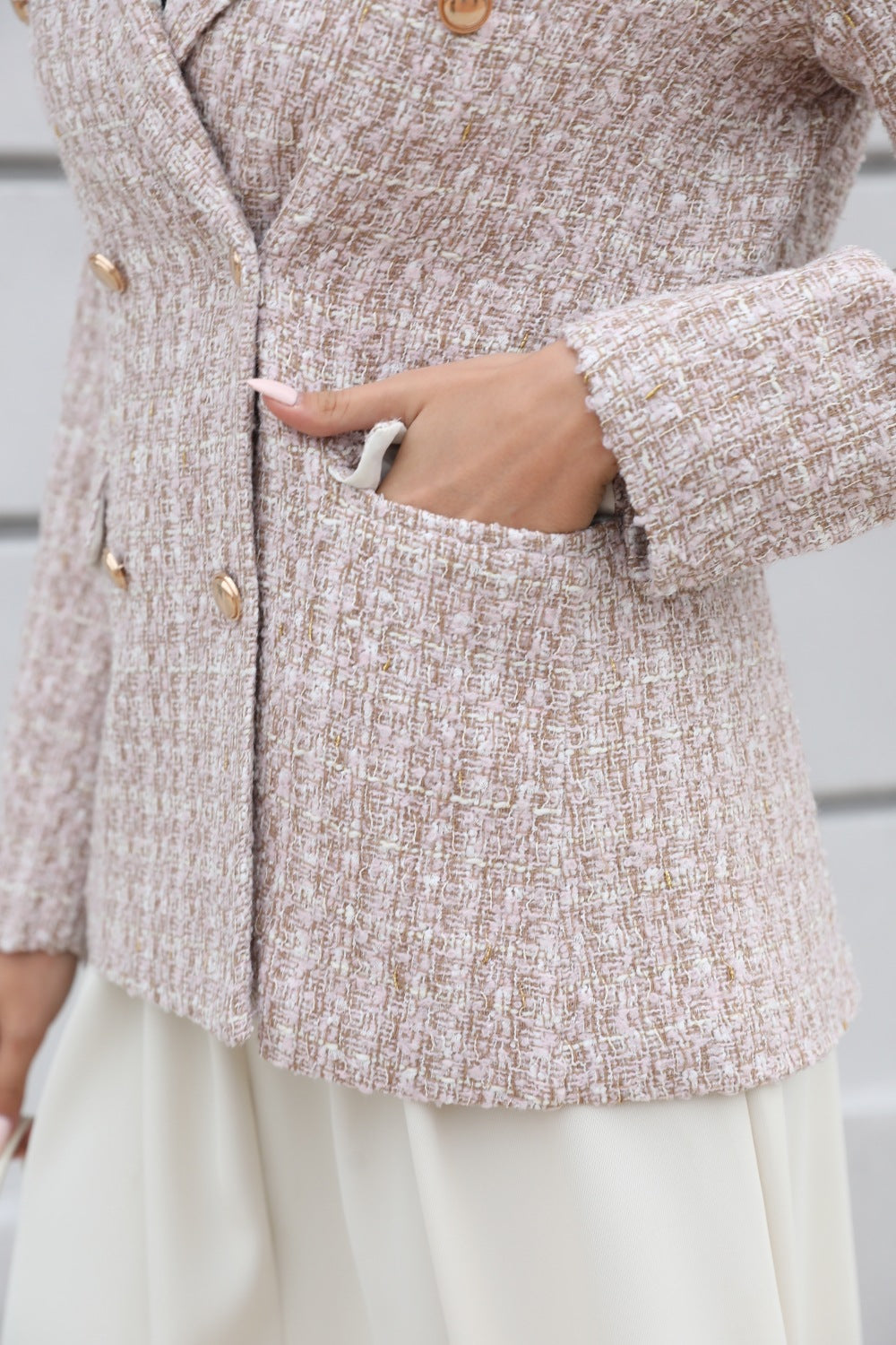 "Blazer Tweed Vintage à Manches Longues pour Femme"