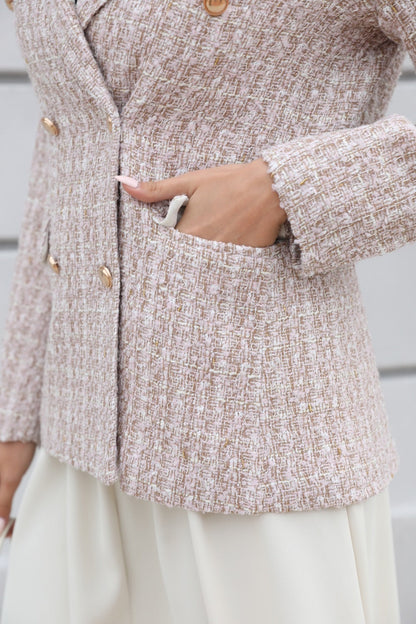 "Blazer Tweed Vintage à Manches Longues pour Femme"