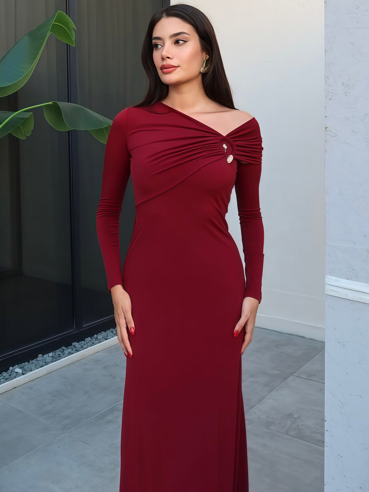 Robe Longue Élégante Épaule Dénudée Coupe Ajustée pour Femme