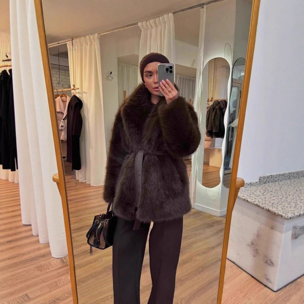 "Manteau Mi-Long en Laine Synthétique avec Ceinture"