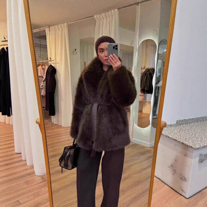"Manteau Mi-Long en Laine Synthétique avec Ceinture"