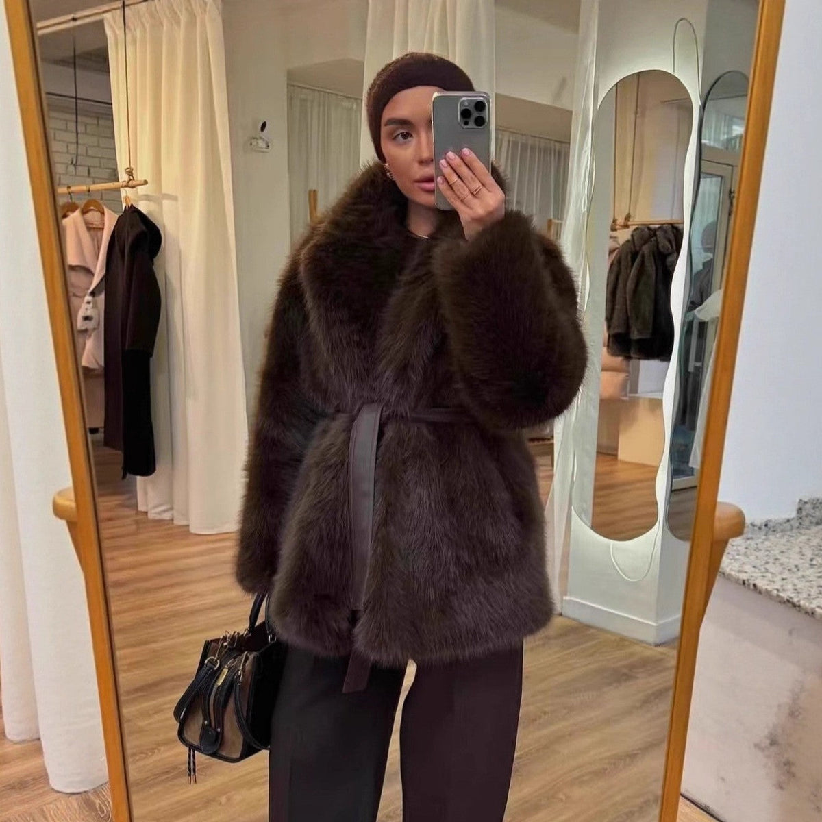 "Manteau Mi-Long en Laine Synthétique avec Ceinture"