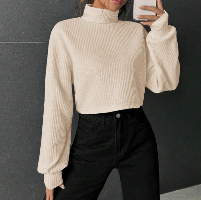 "Pull Col Montant Casual à Manches Longues Uni"