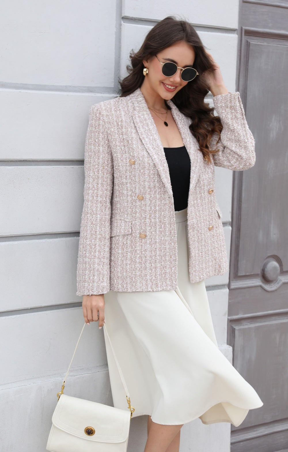 "Blazer Tweed Vintage à Manches Longues pour Femme"