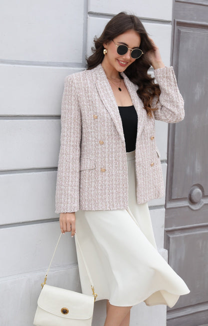 "Blazer Tweed Vintage à Manches Longues pour Femme"